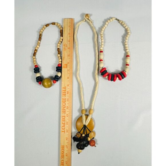 Three Wooden Necklaces Boho Deco Vintage Beaded Neutral Red - Picture 4 of 6